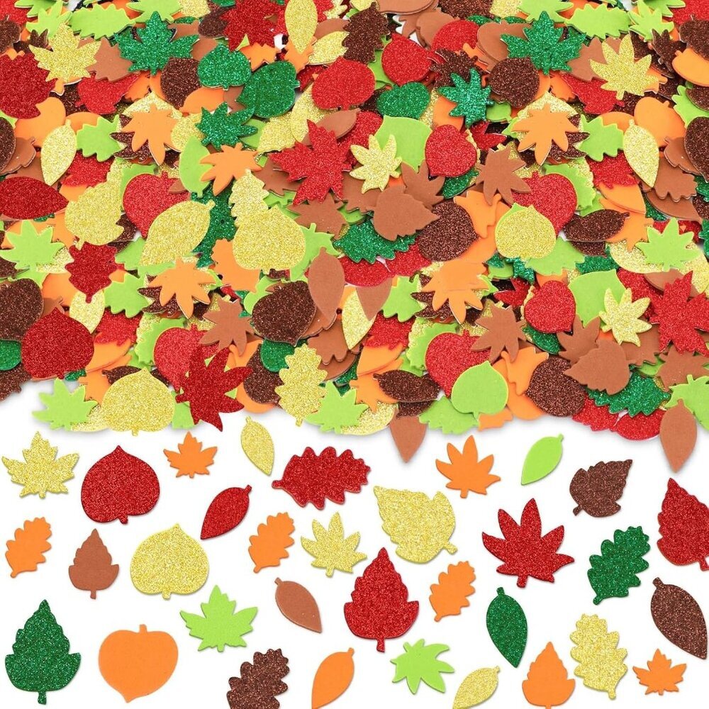 Fall Leaf Foam Sticker, 300Pcs Autumn Glitter Maple Leaves Thanksgiving Party Fa